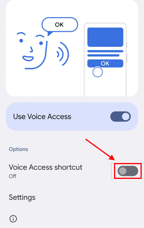 Tap the toggle switch for Voice Access shortcut to turn it on